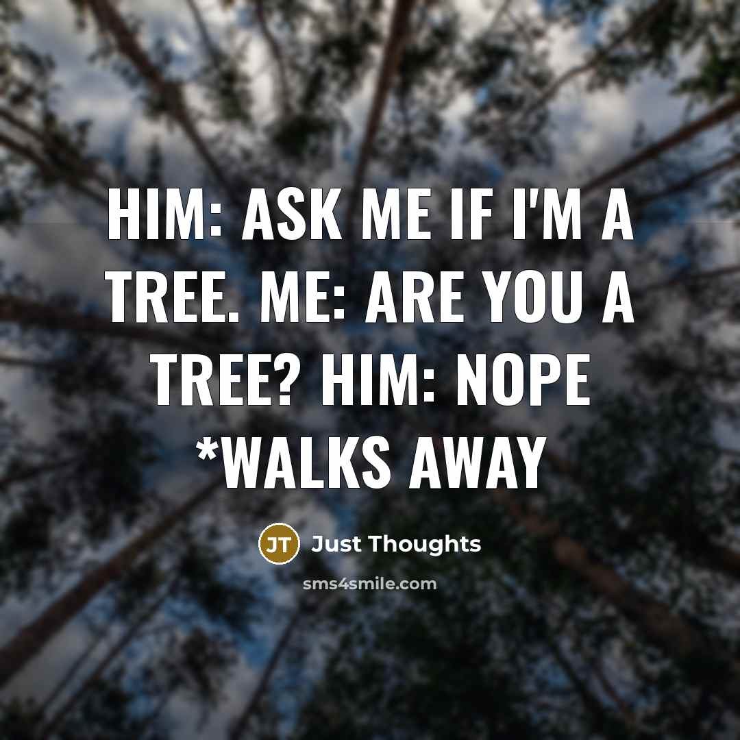 “Him: Ask me if I'm a tree. Me: Are you…” quote by Just Thoughts
