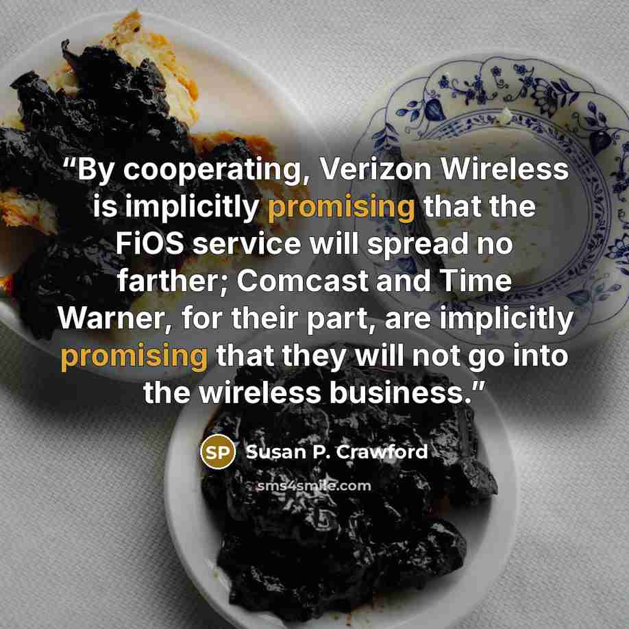 “By cooperating, Verizon Wireless is implicitly promising that the FiOS service will spread no farther; Comcast and Time Warner, for their part, are implicitly promising that they will not go into the wireless business.” quote by Susan P. Crawford