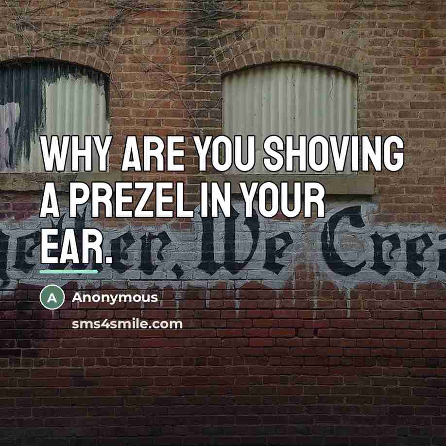 “Why are you shoving a prezel in your ear.…” quote by Anonymous