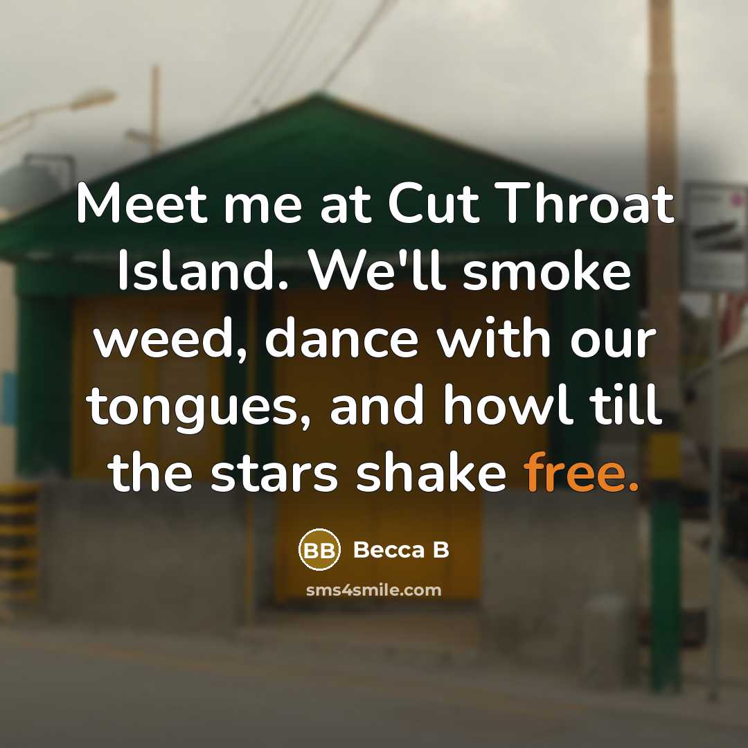 “Meet me at Cut Throat Island. We'll smoke weed, dance with our tongues, and howl till the stars shake free.” quote by Becca B
