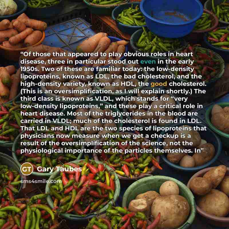 “Of those that appeared to play obvious roles in heart disease, three in particular stood out even in the early 1950s. Two of these are familiar today: the low-density lipoproteins, known as LDL, the bad cholesterol, and the high-density variety, known as HDL, the good cholesterol. (This is an…” quote by Gary Taubes
