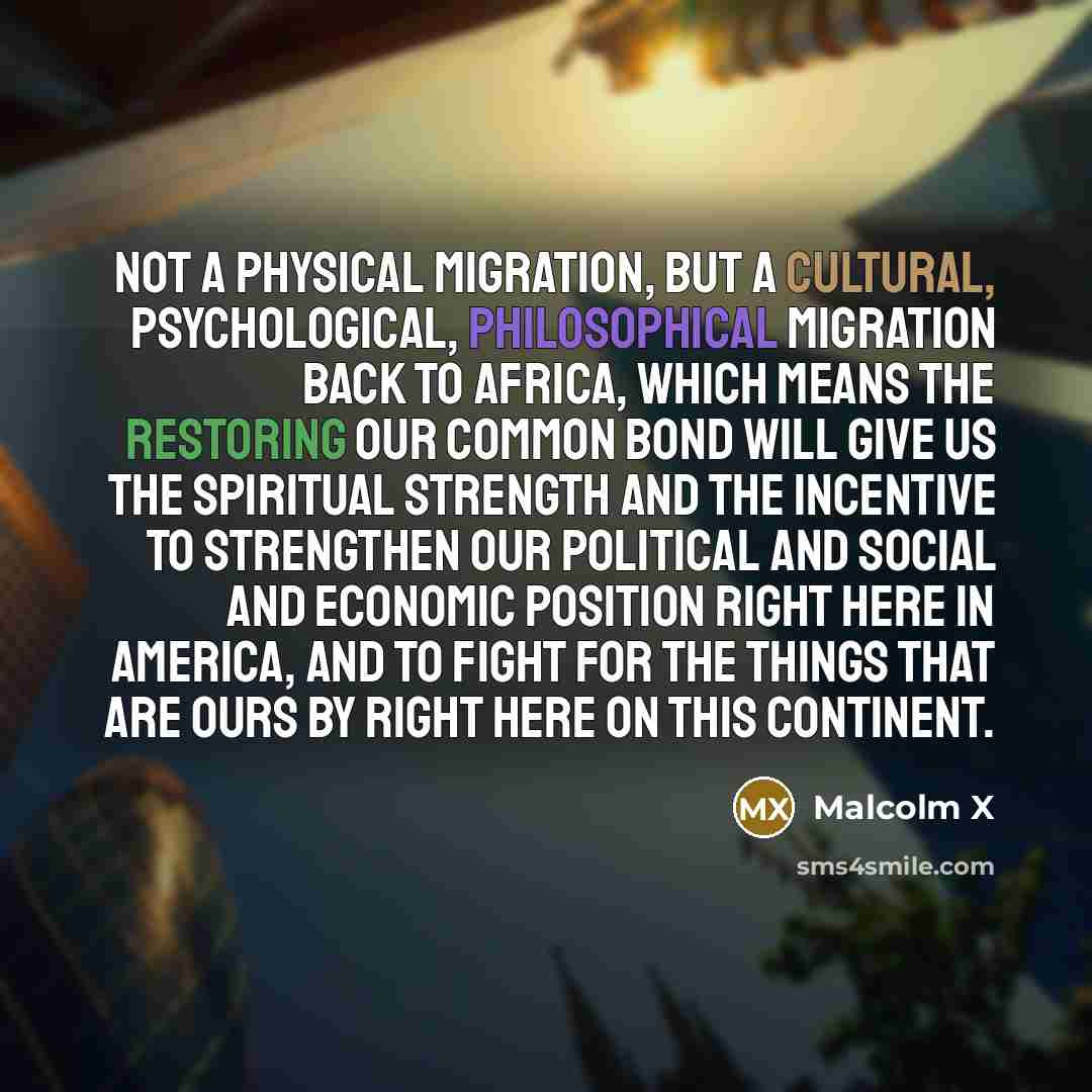 “Not a physical migration, but a cultural, psychological, philosophical migration back to Africa, which means the restoring our common bond will give us the spiritual strength and the incentive to strengthen our political and social and economic position right here in America, and to fight for the…” quote by Malcolm X