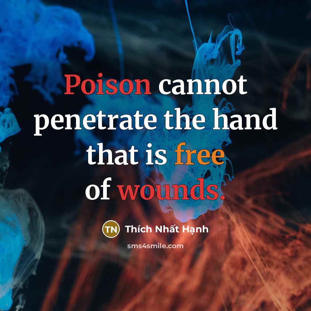 “Poison cannot penetrate the hand that is free of wounds.” quote by Thích Nhất Hạnh
