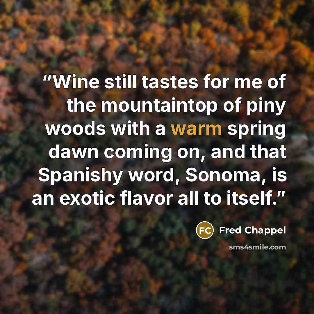 “Wine still tastes for me of the mountaintop of piny woods with a warm spring dawn coming on, and that Spanishy word, Sonoma, is an exotic flavor all to itself.” quote by Fred Chappel