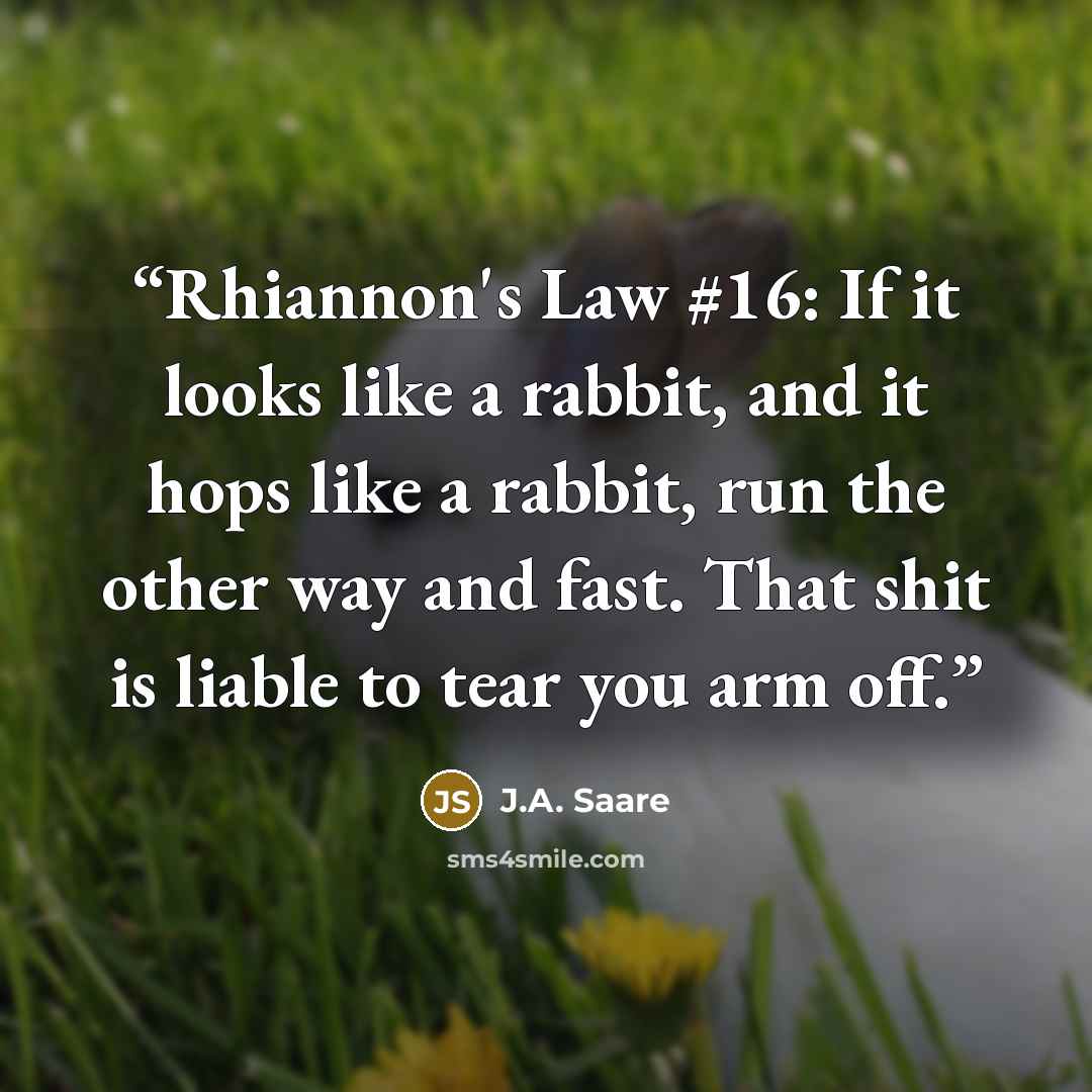 “Rhiannon's Law #16: If it looks like a rabbit, and it hops like a rabbit, run the other way and fast. That shit is liable to tear you arm off.” quote by J.A. Saare