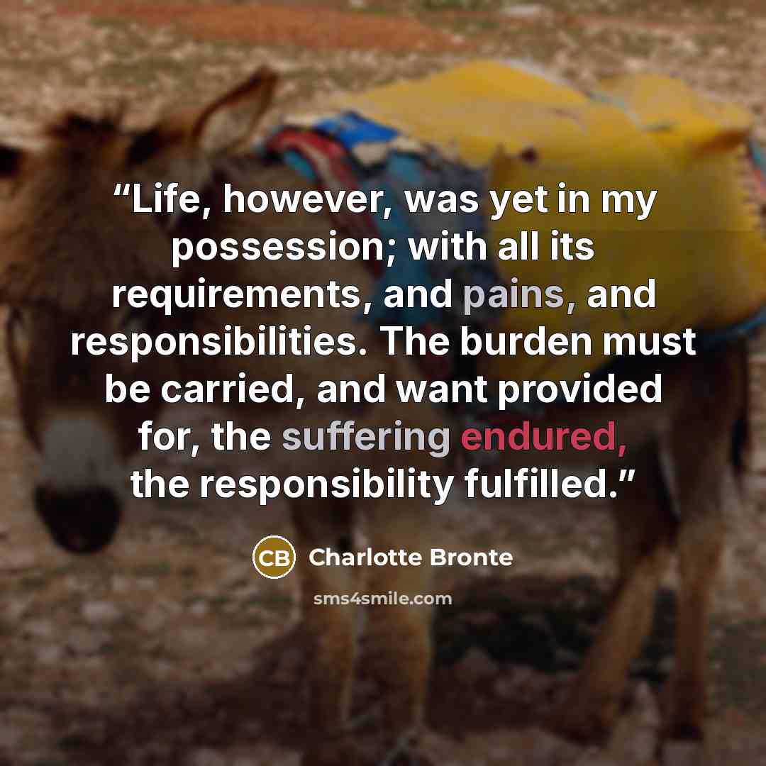 “Life, however, was yet in my possession; with all its requirements, and pains, and responsibilities. The burden must be carried, and want provided for, the suffering endured, the responsibility fulfilled.” quote by Charlotte Brontë