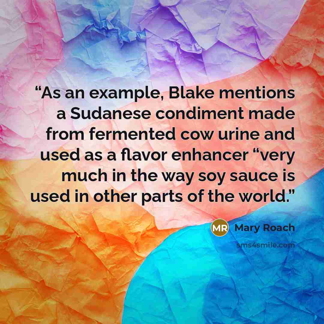 “As an example, Blake mentions a Sudanese condiment made from fermented cow urine and used as a flavor enhancer “very much in the way soy sauce is used in other parts of the world.” quote by Mary Roach