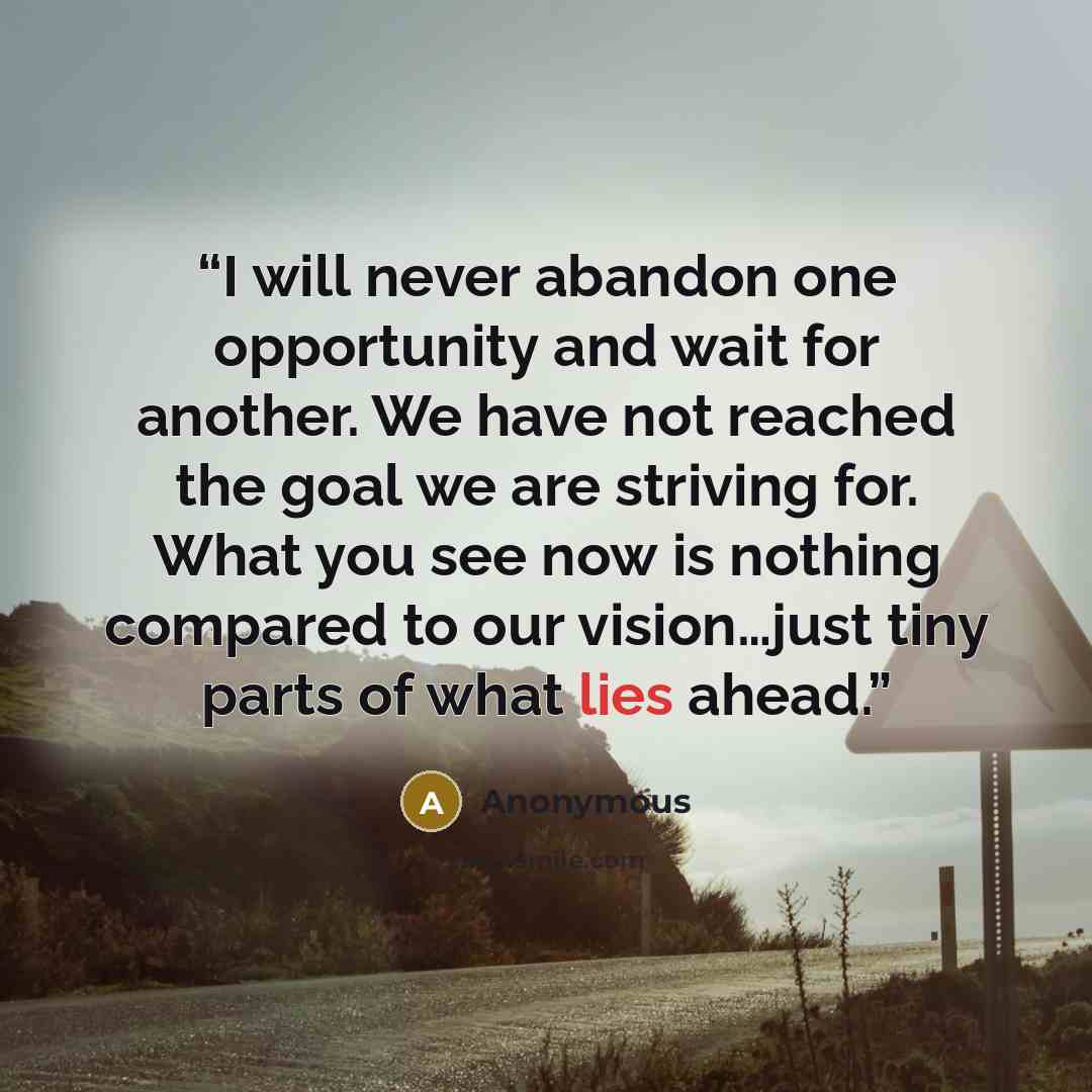 “I will never abandon one opportunity and wait for another. We have not reached the goal we are striving for. What you see now is nothing compared to our vision…just tiny parts of what lies ahead.” quote by Anonymous