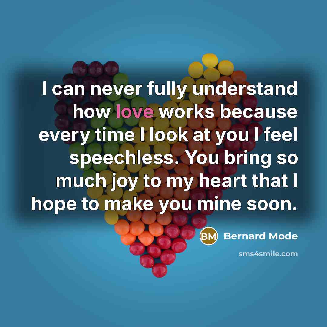 “I can never fully understand how love works because every time I look at you I feel speechless. You bring so much joy to my heart that I hope to make you mine soon.” quote by Bernard Mode