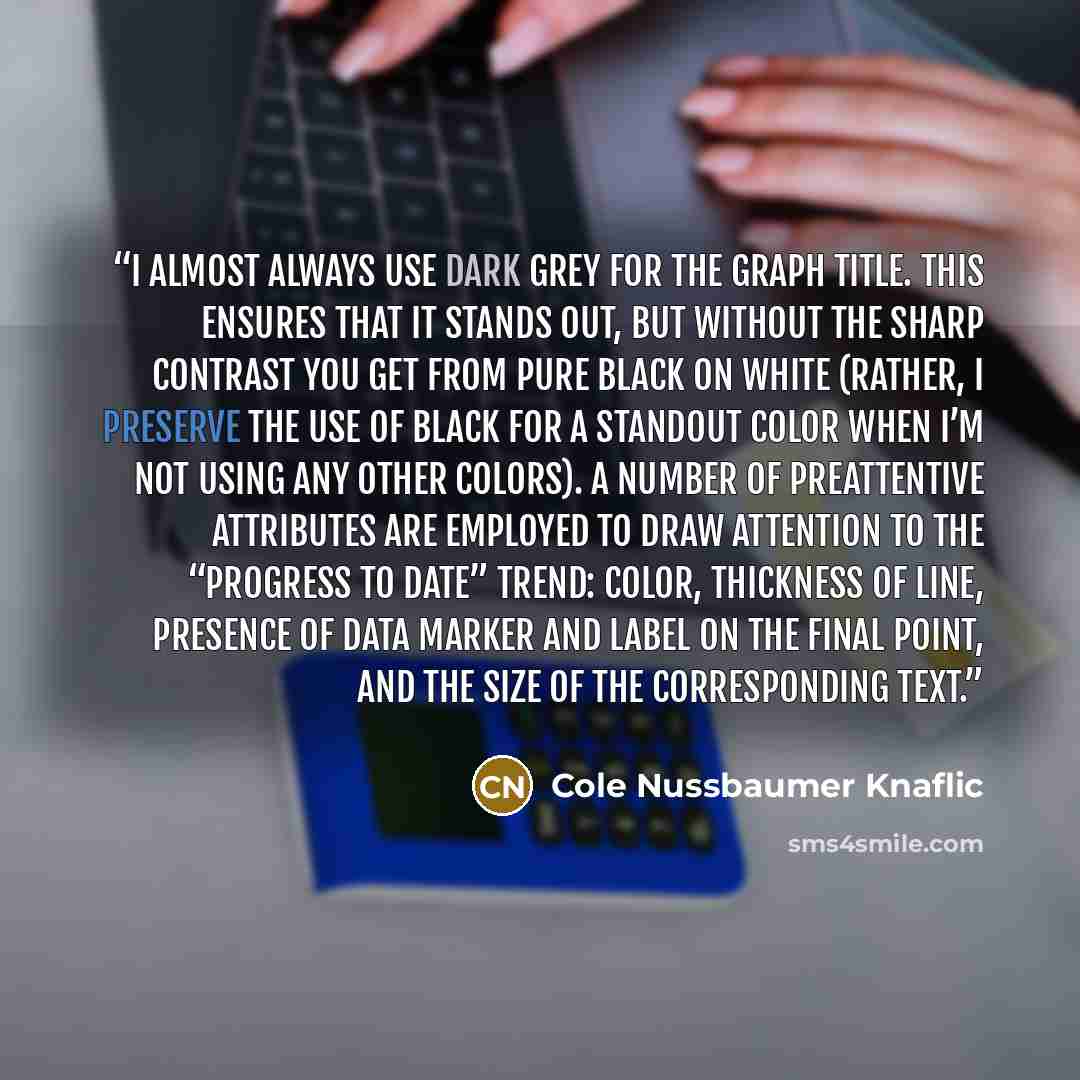 “I almost always use dark grey for the graph title. This ensures that it stands out, but without the sharp contrast you get from pure black on white (rather, I preserve the use of black for a standout color when I’m not using any other colors). A number of preattentive attributes are employed to…” quote by Cole Nussbaumer Knaflic