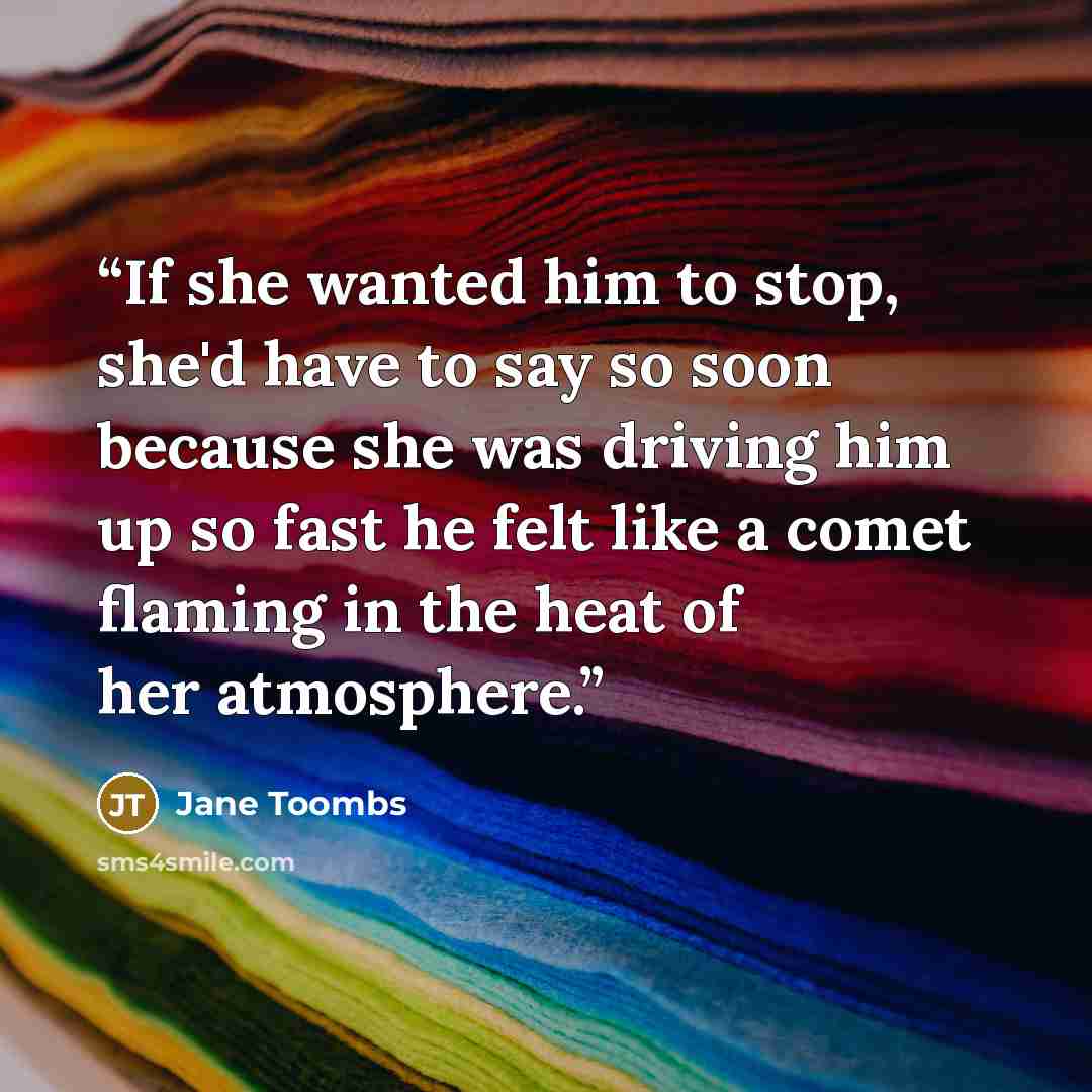 “If she wanted him to stop, she'd have to say so soon because she was driving him up so fast he felt like a comet flaming in the heat of her atmosphere.” quote by Jane Toombs
