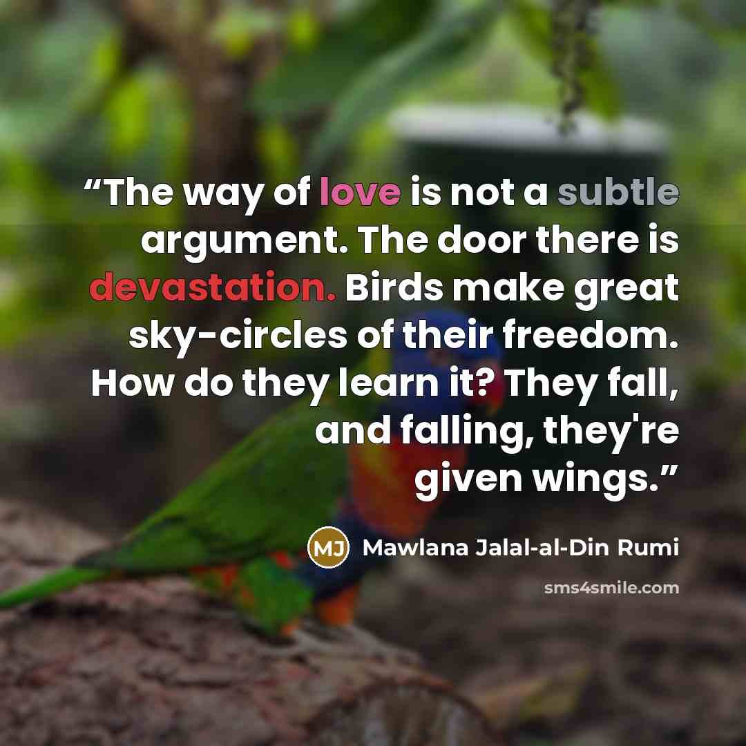“The way of love is not a subtle argument. The door there is devastation. Birds make great sky-circles of their freedom. How do they learn it? They fall, and falling, they're given wings.” quote by Mawlana Jalal-al-Din Rumi