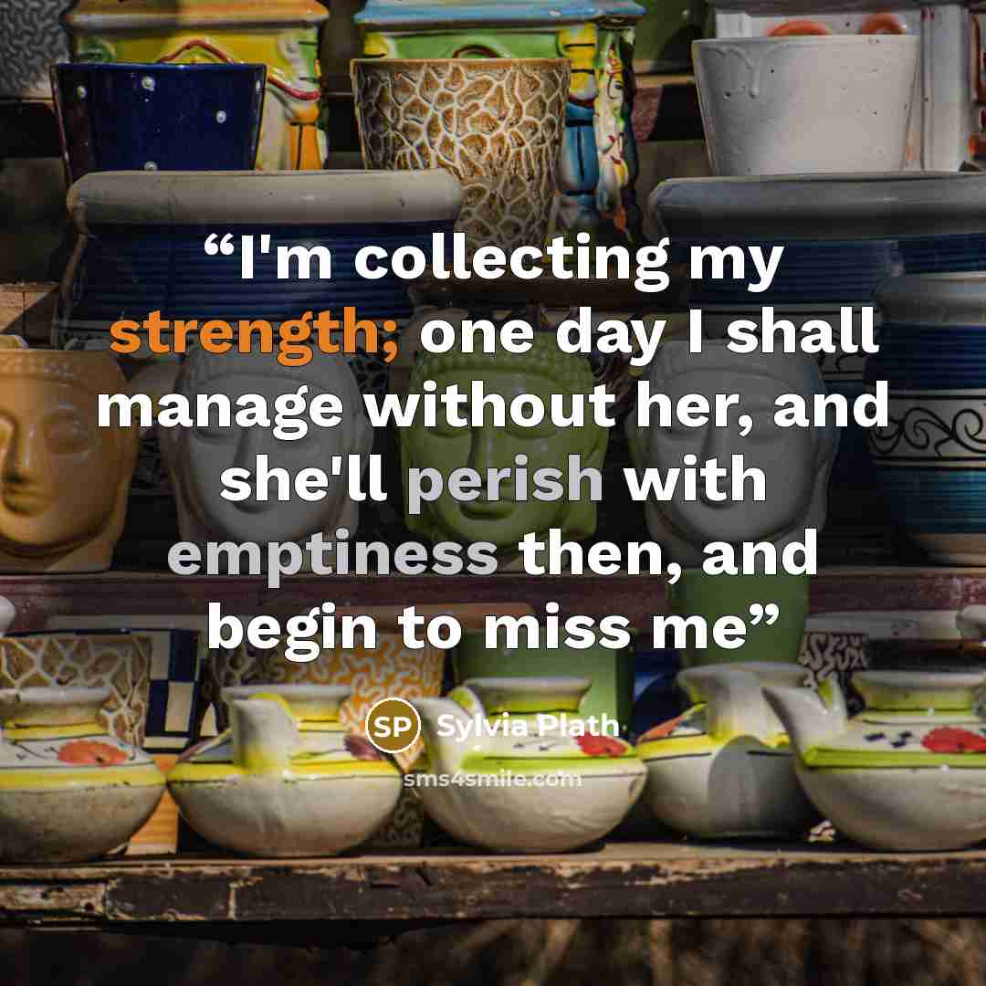 “I'm collecting my strength; one day I shall manage without her, and she'll perish with emptiness then, and begin to miss me” quote by Sylvia Plath