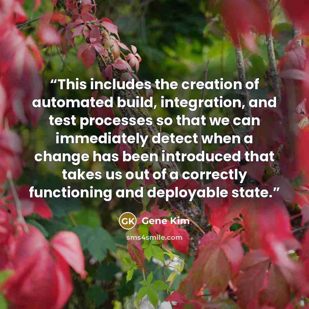 “This includes the creation of automated build, integration, and test processes so that we can immediately detect when a change has been introduced that takes us out of a correctly functioning and deployable state.” quote by Gene Kim
