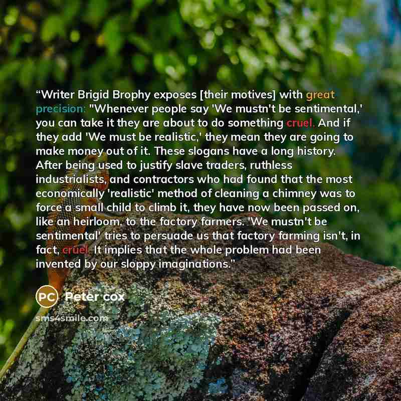 “Writer Brigid Brophy exposes [their motives] with great precision: "Whenever people say 'We mustn't be sentimental,' you can take it they are about to do something cruel. And if they add 'We must be realistic,' they mean they are going to make money out of it. These slogans have a long history…” quote by Peter cox