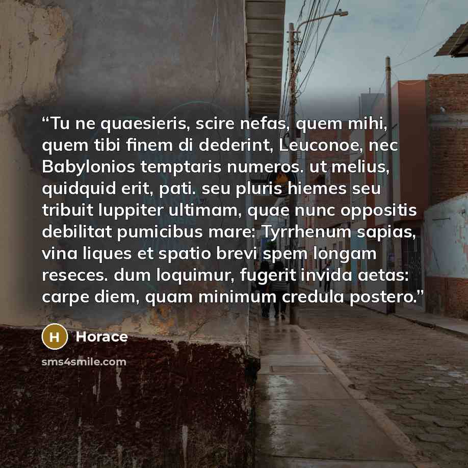 “Tu ne quaesieris, scire nefas, quem mihi, quem tibi finem di dederint, Leuconoe, nec Babylonios temptaris numeros. ut melius, quidquid erit, pati. seu pluris hiemes seu tribuit Iuppiter ultimam, quae nunc oppositis debilitat pumicibus mare: Tyrrhenum sapias, vina liques et spatio brevi spem longam…” quote by Horace