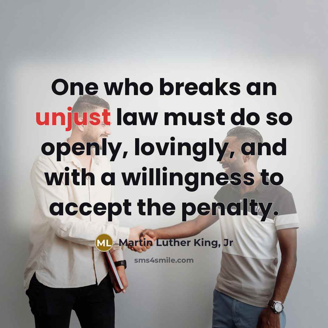 “One who breaks an unjust law must do so openly,…” quote by Martin Luther King, Jr