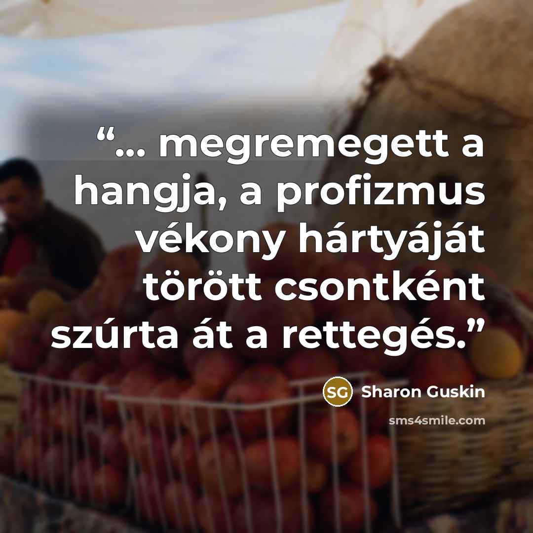 “... megremegett a hangja, a profizmus vékony hártyáját törött csontként szúrta át a rettegés.” quote by Sharon Guskin