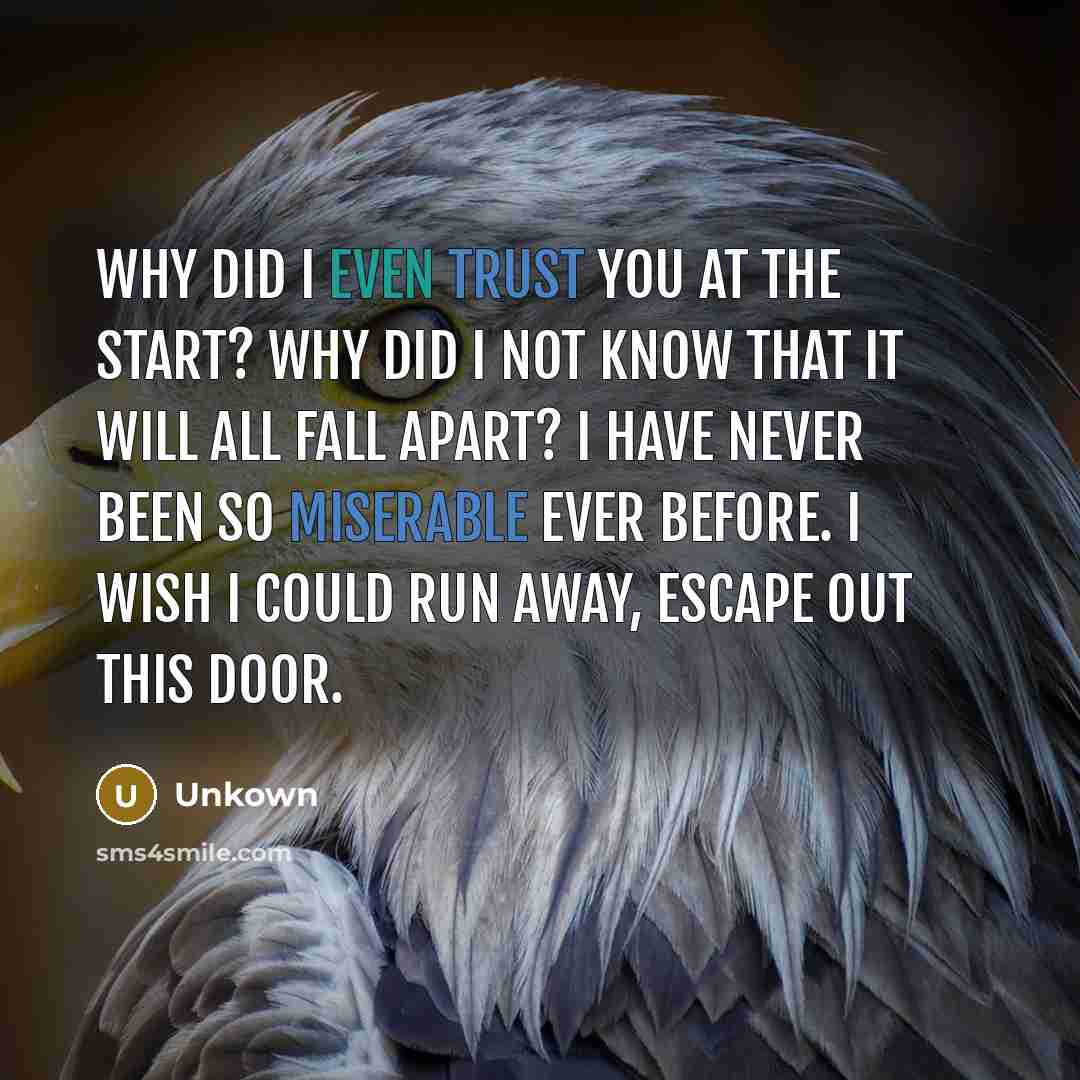 “Why did I even trust you at the start? Why did I not know that it will all fall apart? I have never been so miserable ever before. I wish I could run away, escape out this door.” quote by Unkown