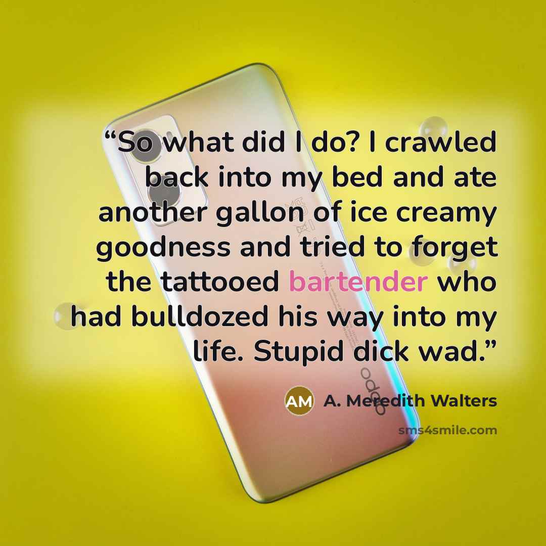 “So what did I do? I crawled back into my bed and ate another gallon of ice creamy goodness and tried to forget the tattooed bartender who had bulldozed his way into my life. Stupid dick wad.” quote by A. Meredith Walters