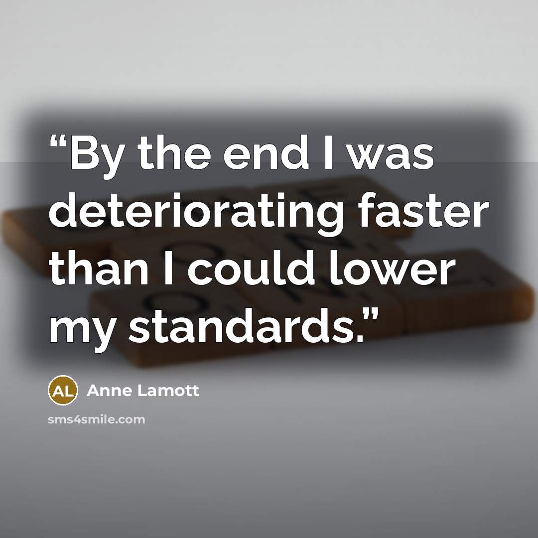“By the end I was deteriorating faster than I could lower my standards.” quote by Anne Lamott