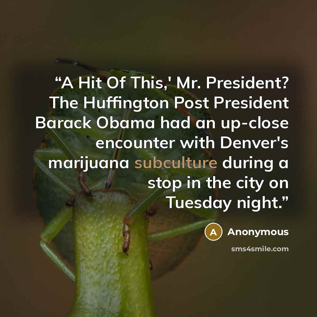 “A Hit Of This,' Mr. President? The Huffington Post President Barack Obama had an up-close encounter with Denver's marijuana subculture during a stop in the city on Tuesday night.” quote by Anonymous