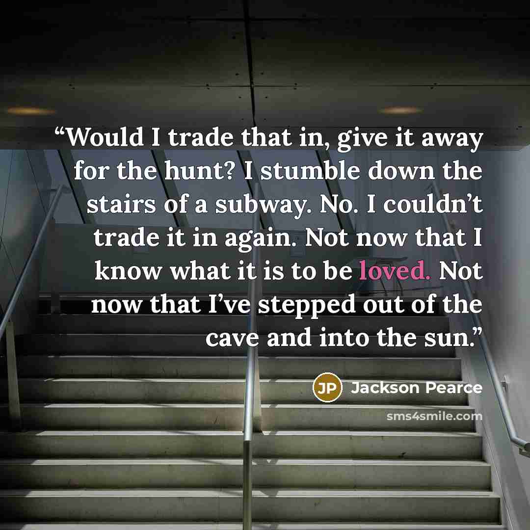 “Would I trade that in, give it away for the hunt? I stumble down the stairs of a subway. No. I couldn’t trade it in again. Not now that I know what it is to be loved. Not now that I’ve stepped out of the cave and into the sun.” quote by Jackson Pearce