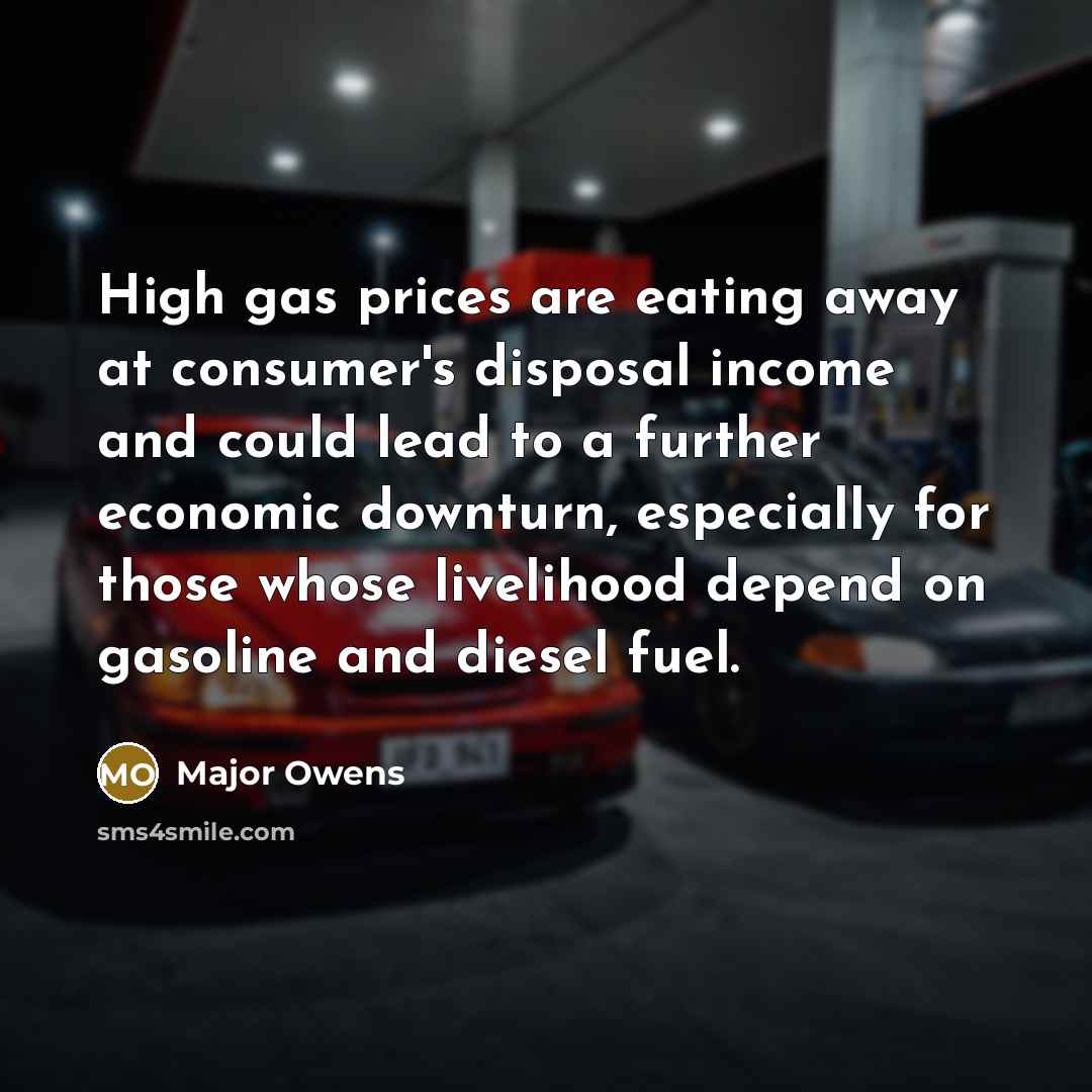 “High gas prices are eating away at consumer's disposal income and could lead to a further economic downturn, especially for those whose livelihood depend on gasoline and diesel fuel.” quote by Major Owens