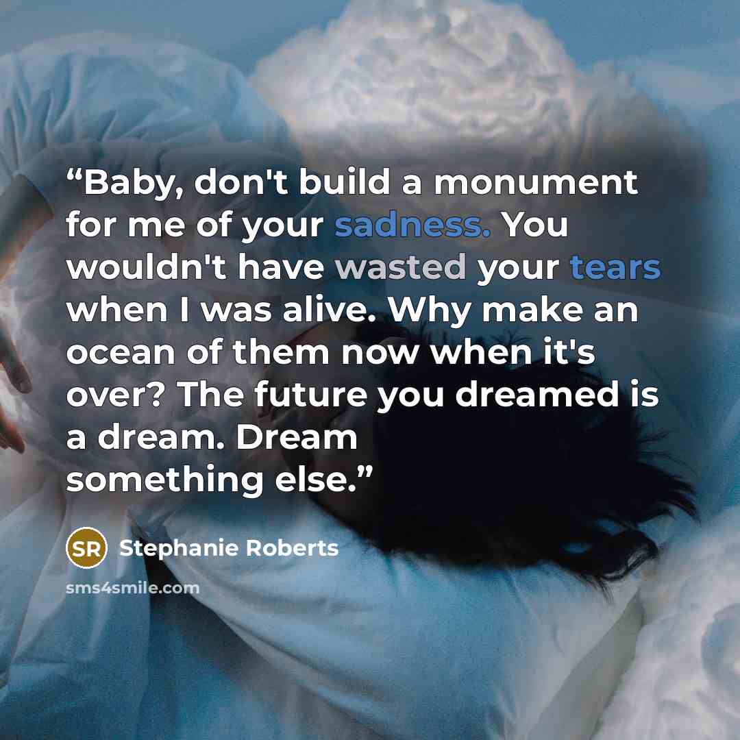 “Baby, don't build a monument for me of your sadness. You wouldn't have wasted your tears when I was alive. Why make an ocean of them now when it's over? The future you dreamed is a dream. Dream something else.” quote by Stephanie Roberts