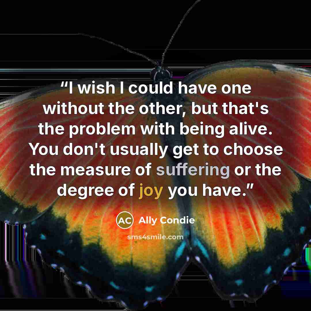 “I wish I could have one without the other, but that's the problem with being alive. You don't usually get to choose the measure of suffering or the degree of joy you have.” quote by Ally Condie