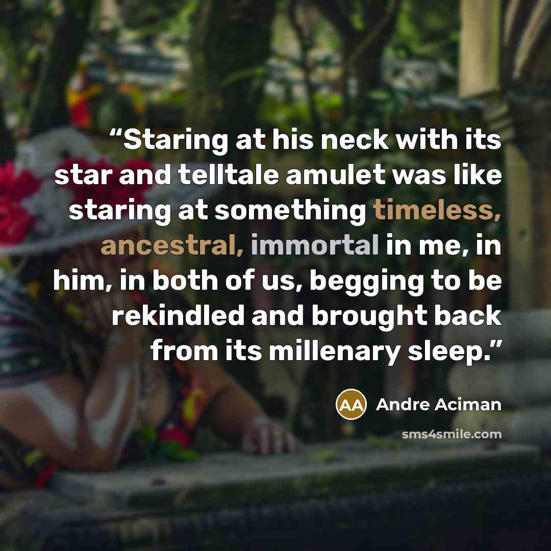 “Staring at his neck with its star and telltale amulet was like staring at something timeless, ancestral, immortal in me, in him, in both of us, begging to be rekindled and brought back from its millenary sleep.” quote by André Aciman