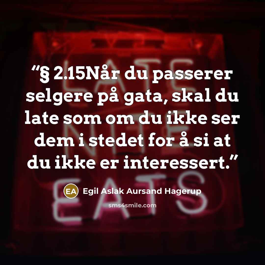 “§ 2.15Når du passerer selgere på gata, skal du late som om du ikke ser dem i stedet for å si at du ikke er interessert.” quote by Egil Aslak Aursand Hagerup