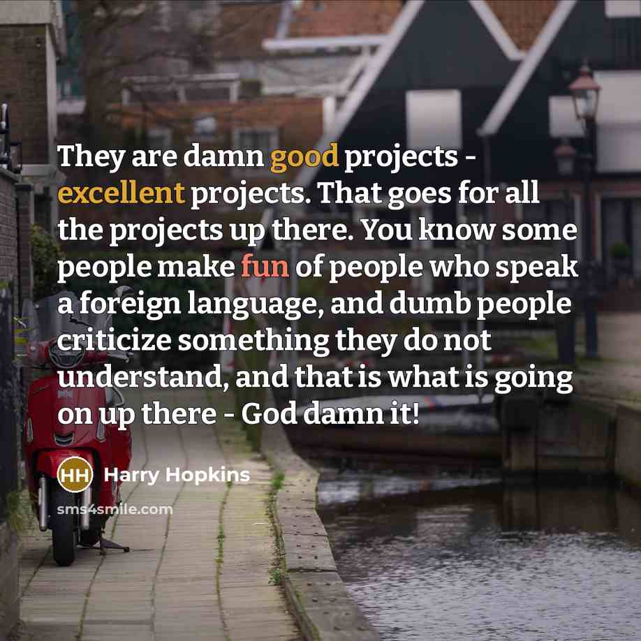 “They are damn good projects - excellent projects. That goes for all the projects up there. You know some people make fun of people who speak a foreign language, and dumb people criticize something they do not understand, and that is what is going on up there - God damn it!” quote by Harry Hopkins