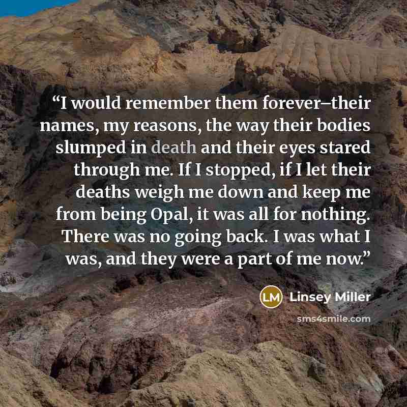 “I would remember them forever–their names, my reasons, the way their bodies slumped in death and their eyes stared through me. If I stopped, if I let their deaths weigh me down and keep me from being Opal, it was all for nothing. There was no going back. I was what I was, and they were a part of…” quote by Linsey Miller
