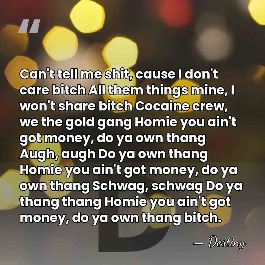 Can't tell me shit, cause I don't care bitch All them things&hellip; - Destiny