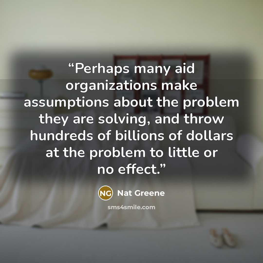 “Perhaps many aid organizations make assumptions about the problem they are solving, and throw hundreds of billions of dollars at the problem to little or no effect.” quote by Nat Greene