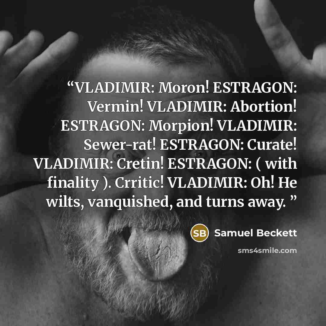 “VLADIMIR: Moron! ESTRAGON: Vermin! VLADIMIR: Abortion! ESTRAGON: Morpion! VLADIMIR: Sewer-rat! ESTRAGON: Curate! VLADIMIR: Cretin! ESTRAGON: ( with finality ). Crritic! VLADIMIR: Oh! He wilts, vanquished, and turns away.” quote by Samuel Beckett