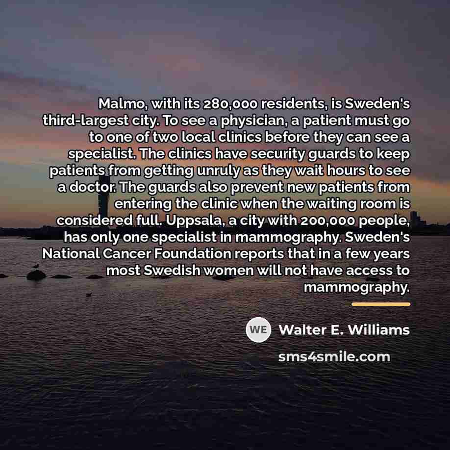 “Malmo, with its 280,000 residents, is Sweden's third-largest city. To…” quote by Walter E. Williams