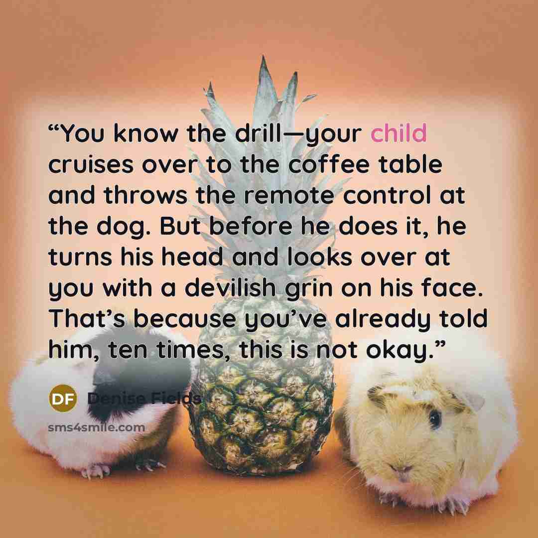 “You know the drill—your child cruises over to the coffee table and throws the remote control at the dog. But before he does it, he turns his head and looks over at you with a devilish grin on his face. That’s because you’ve already told him, ten times, this is not okay.” quote by Denise Fields