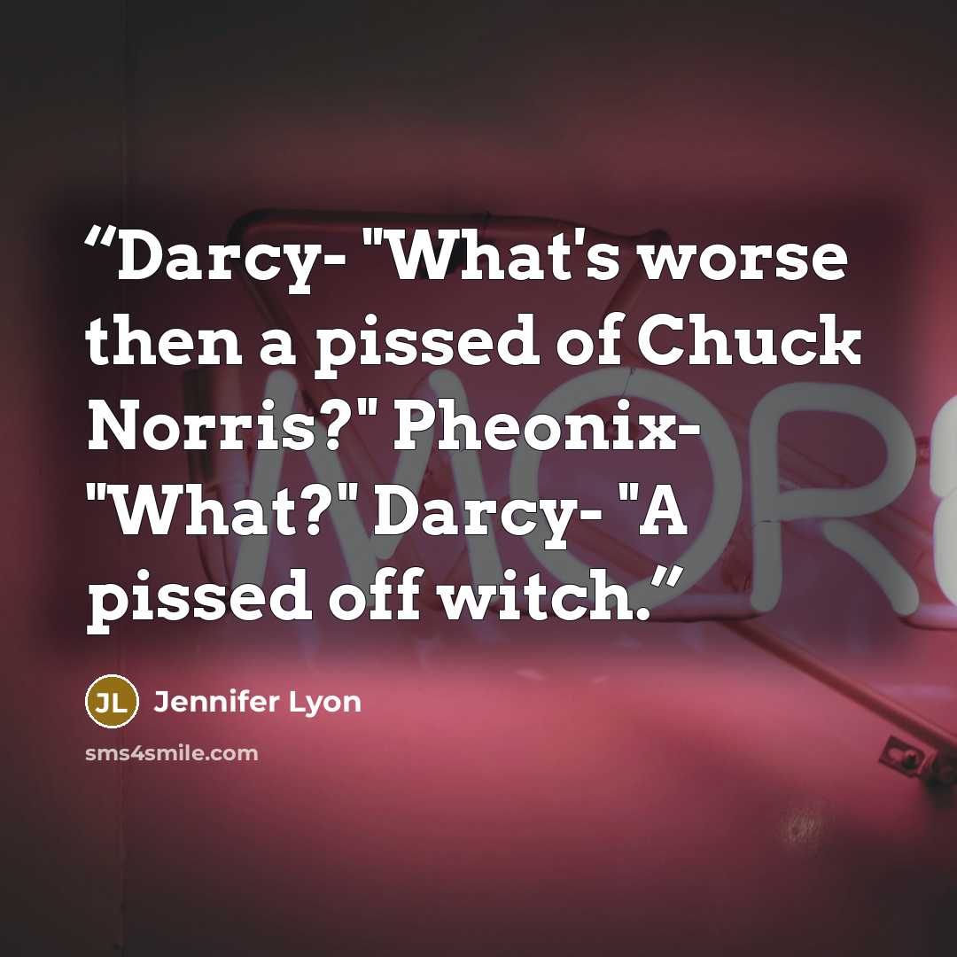 “Darcy- "What's worse then a pissed of Chuck Norris?" Pheonix- "What?" Darcy- "A pissed off witch.” quote by Jennifer Lyon