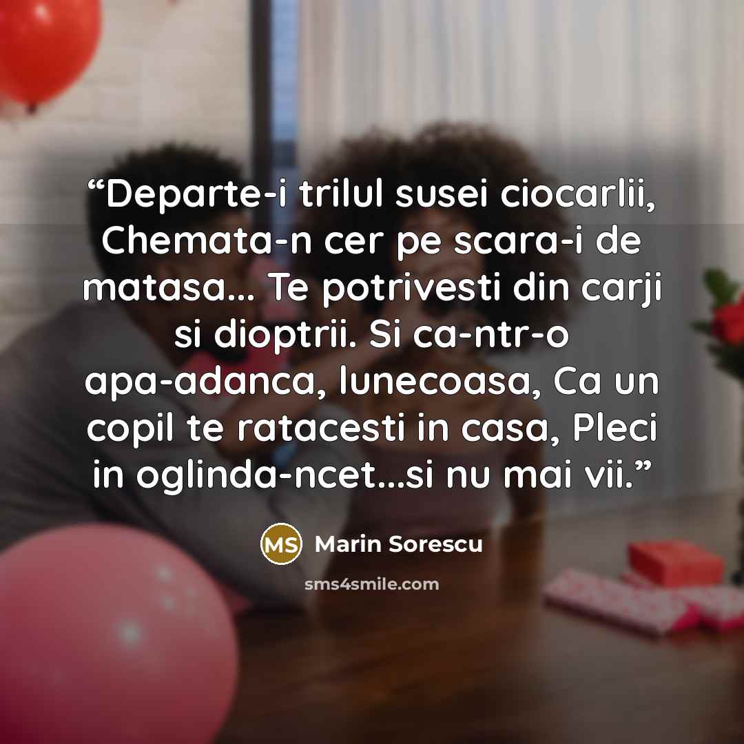 “Departe-i trilul susei ciocarlii, Chemata-n cer pe scara-i de matasa... Te potrivesti din carji si dioptrii. Si ca-ntr-o apa-adanca, lunecoasa, Ca un copil te ratacesti in casa, Pleci in oglinda-ncet...si nu mai vii.” quote by Marin Sorescu