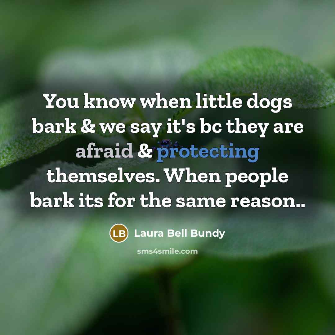 “You know when little dogs bark & we say it's bc they are afraid & protecting themselves. When people bark its for the same reason..” quote by Laura Bell Bundy