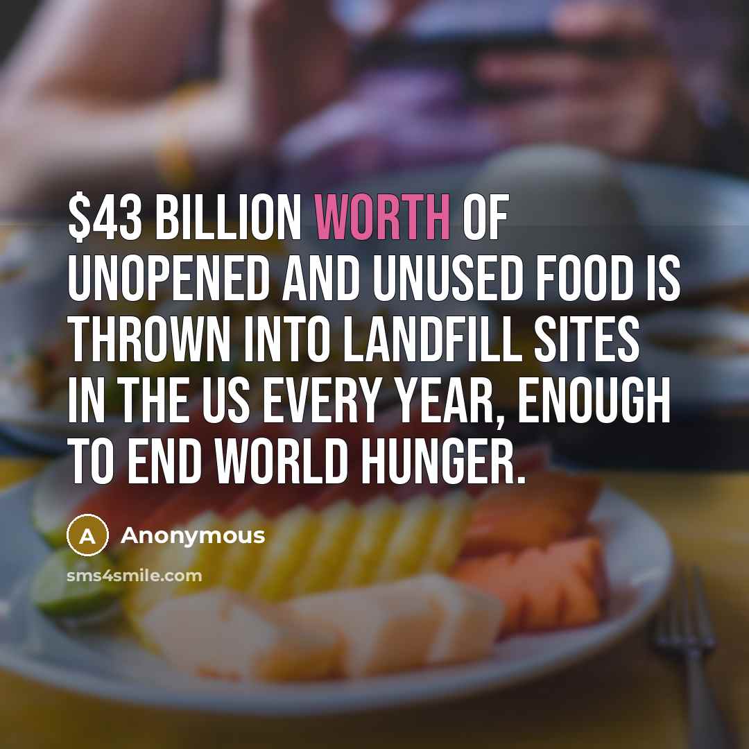 “$43 billion worth of unopened and unused food is thrown into landfill sites in the US every year, enough to end world hunger.” quote by Anonymous