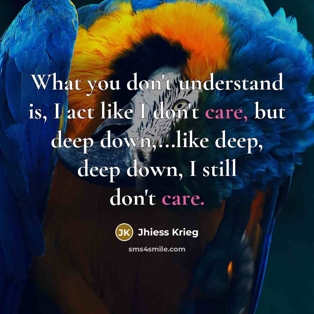 “What you don't understand is, I act like I don't care, but deep down,...like deep, deep down, I still don't care.” quote by Jhiess Krieg