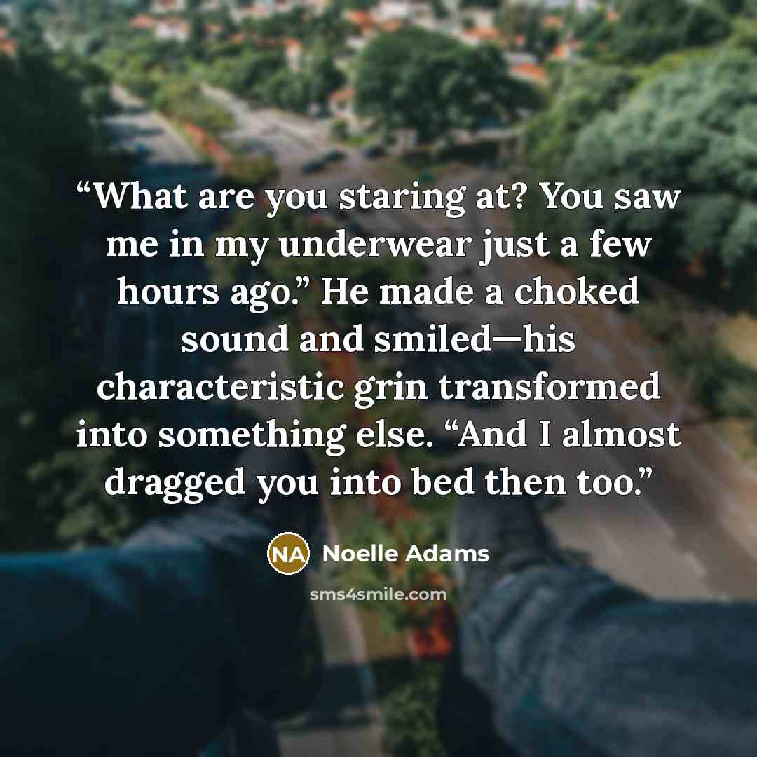 “What are you staring at? You saw me in my underwear just a few hours ago.” He made a choked sound and smiled—his characteristic grin transformed into something else. “And I almost dragged you into bed then too.” quote by Noelle Adams