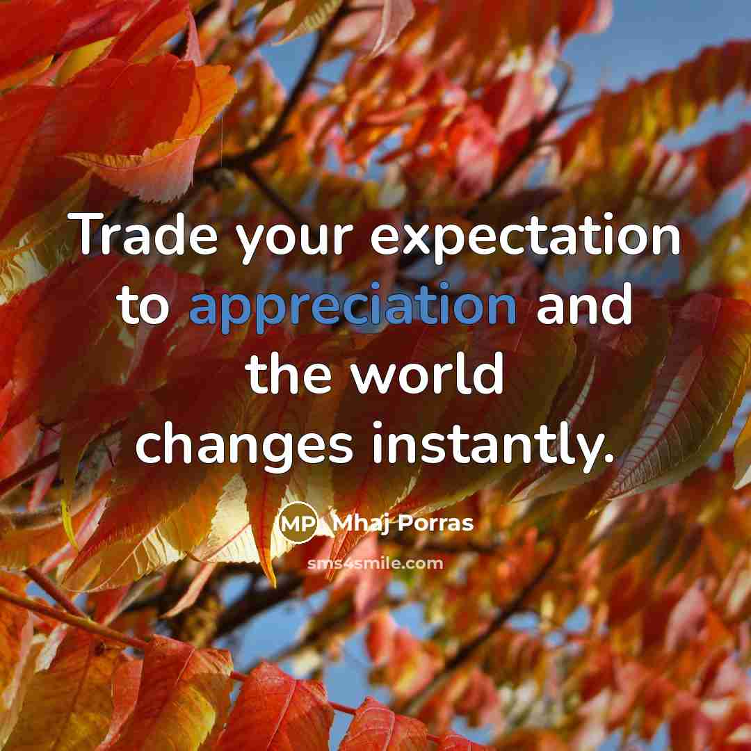 “Trade your expectation to appreciation and the world changes instantly.…” quote by Mhaj Porras