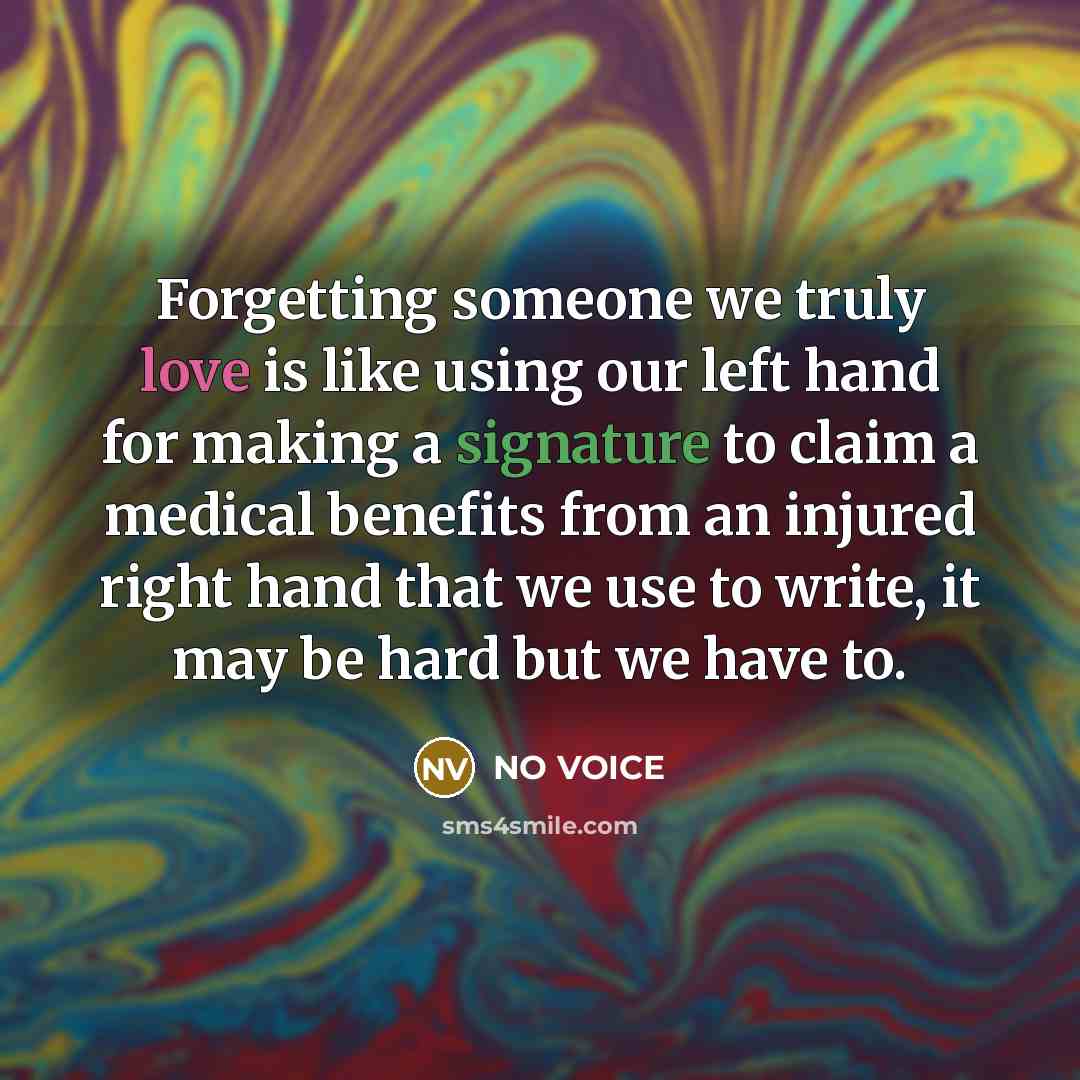 “Forgetting someone we truly love is like using our left hand for making a signature to claim a medical benefits from an injured right hand that we use to write, it may be hard but we have to.” quote by NO VOICE