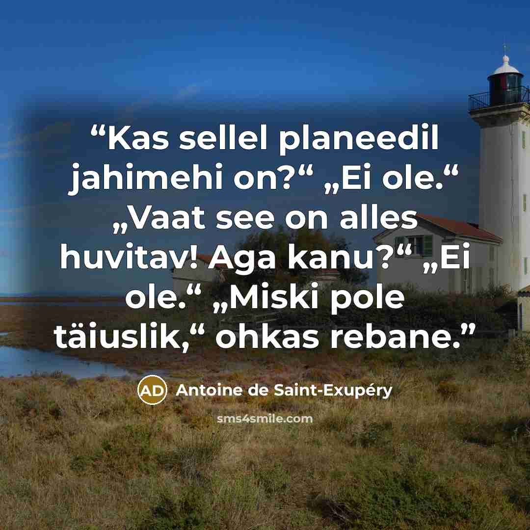“Kas sellel planeedil jahimehi on?“ „Ei ole.“ „Vaat see on alles huvitav! Aga kanu?“ „Ei ole.“ „Miski pole täiuslik,“ ohkas rebane.” quote by Antoine de Saint-Exupéry