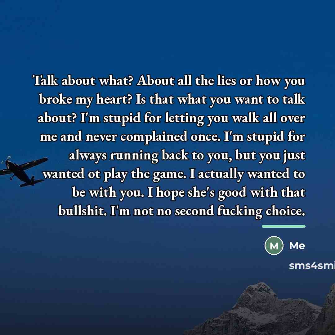 “Talk about what? About all the lies or how you…” quote by Me