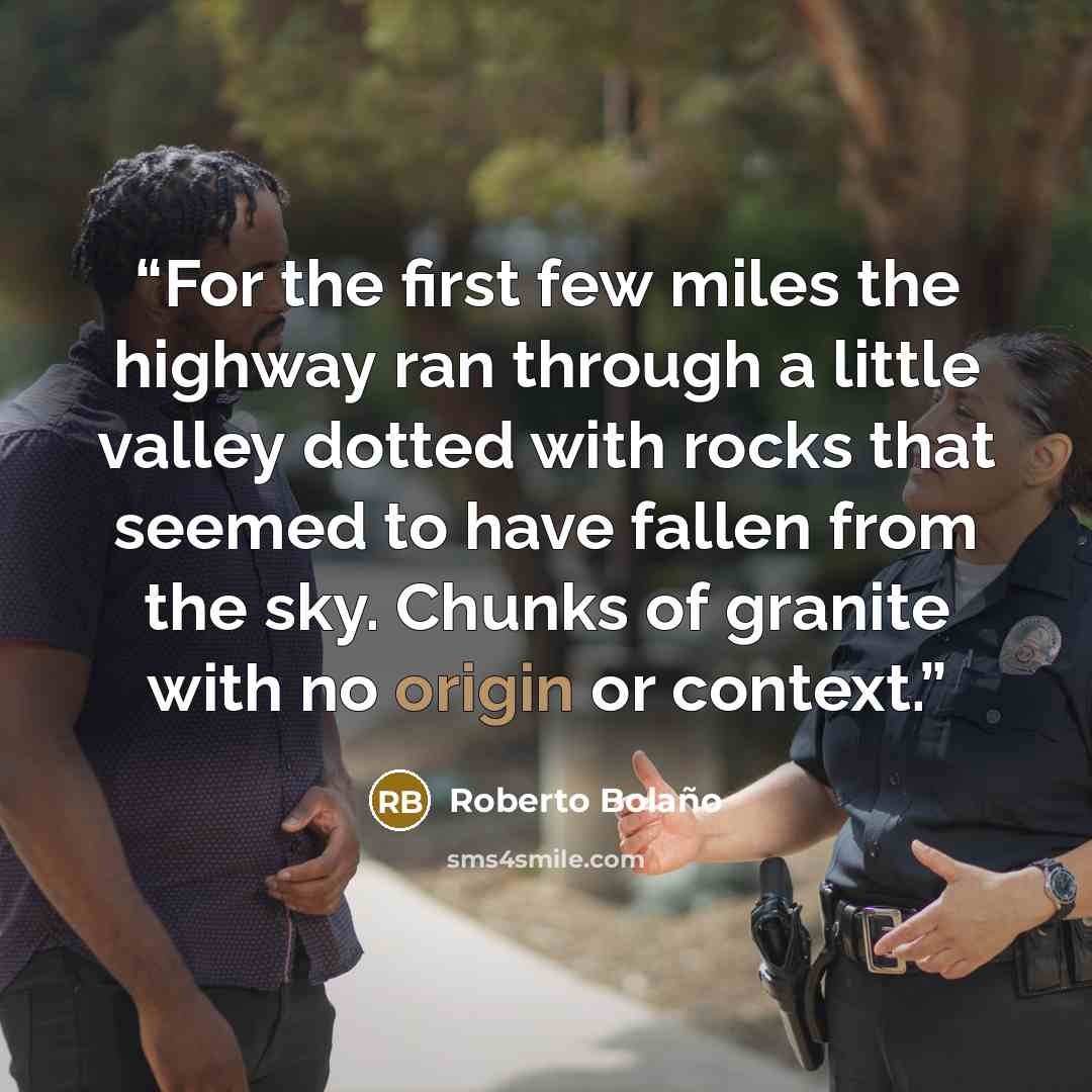 “For the first few miles the highway ran through a little valley dotted with rocks that seemed to have fallen from the sky. Chunks of granite with no origin or context.” quote by Roberto Bolaño